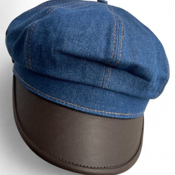 Vintage Denim Jean Leather Fisherman Captain Disco Sterkowski Cap Hat One Size - Picture 8 of 9